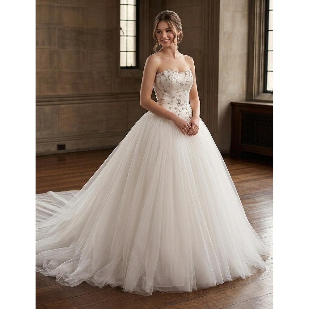 Paula Varsalona Princess Wedding Dress Beaded Ball Gown & Cathedral Veil Size 4